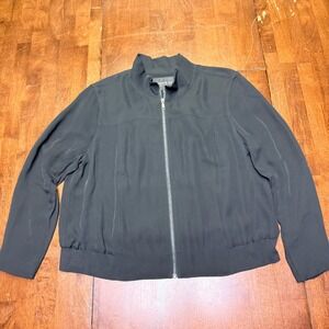 Lafayette 148 New York Silk Black Bomber Jacket Zip Front Ribbed Collar Cuff Hem